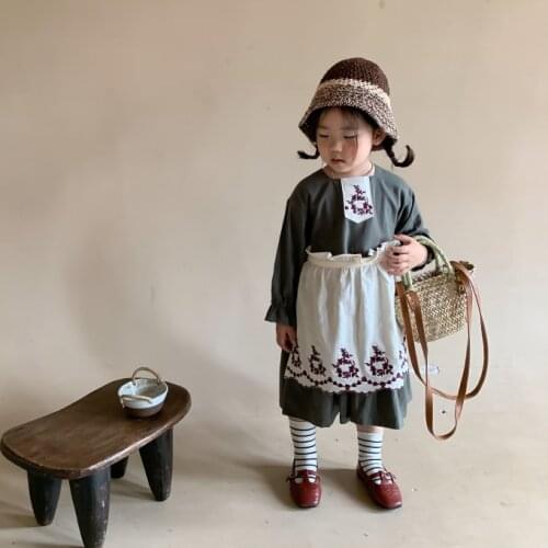 2021 Autumn New Arrival Girls Long Sleeve 2 Pieces Suit Cotton Sets Dress+apron