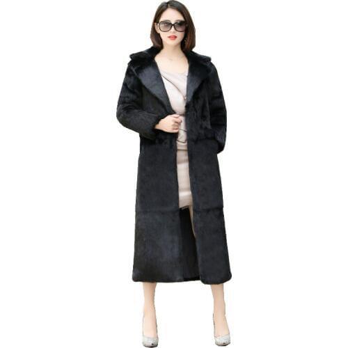 Real Rabbit Fur Coat Jacket Turn-Down Collar 125CM Length Autumn Winter Women Fur Trench Outerwear Coats Plus Size VF4060