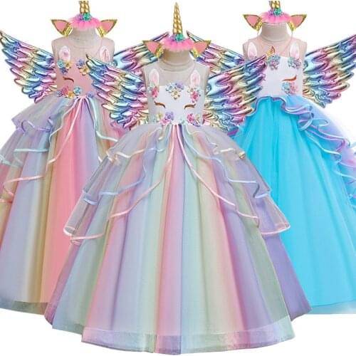 Flower Girl Unicorn Rainbow Wedding Party Dress Baby Girls 3-14 Years Birthday Unicorn Colorful Dance Clothing Performance Dress