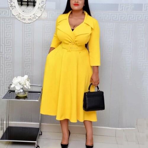 African Fashion Women Dresses Office Style High Waist A Line Yellow Mid Calf Elegant Business Work Wear Clothes Dress Midi New