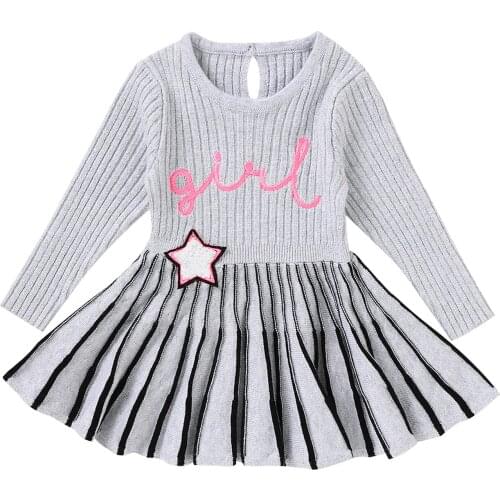 Korean Girl’s Casual Long Sleeve Knitted Dress Fashion Letter Embroidery Round Neck A-line Princess Dress