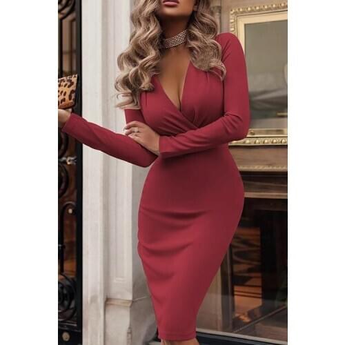 Sexy Deep V-Neck Long Sleeve Bodycon Evening Dresses Pleated Tea Length Zipper Back Formal Party Dress for Women