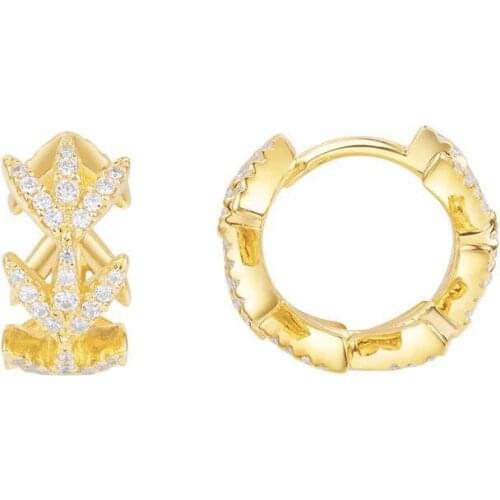 SOELLE Luxury 925 Sterling Silver Yellow Gold Color Laurel Leaves Hoop Earrings Micro Inlay Cubic Zirconia Stones Women Jewelry