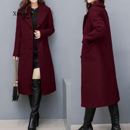 Spring Autumn Winter New Womens Casual Wool Turn-Down Collar Outwear Jacket Oversize Long Coat Wool Coat Cashmere Outerwear