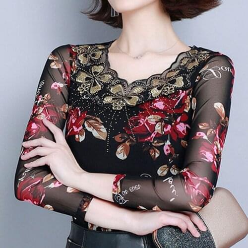 Womens Spring Summer Lace Blouses Shirt Womens Elegant Printed O-neck Casual Mesh Long Sleeve Patchwork Tops SP206
