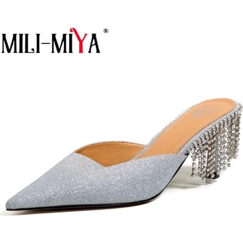 MILI-MIYA Bling Silver Sequined Cloth Wedding Shoes Woman 7cm Thin Heel Pointed Toe Fringe Tassels Crystal Sandal Mules Black