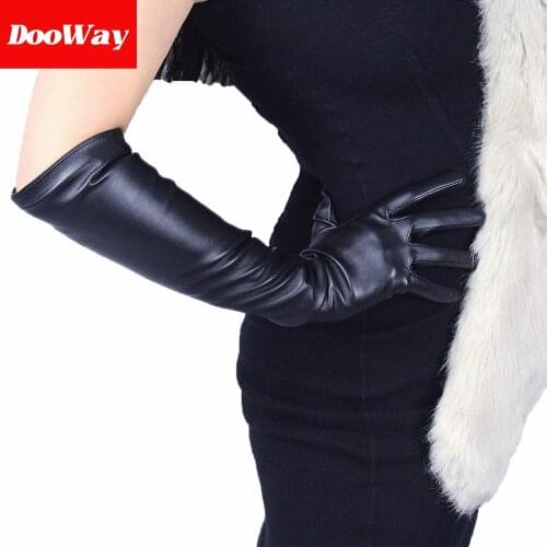 DooWay Women Fashion Warm Long Gloves Faux Leather 19" 50cm Opera Evening Black Touchscreen