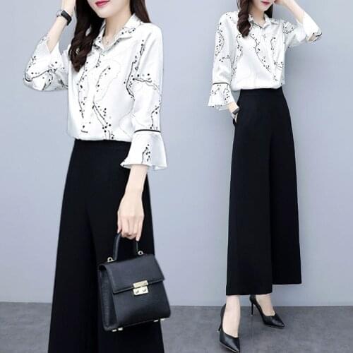 Spring Trouser Suit Female 2021 New Fashion Woman Clothing Set Print Chiffon Flare Sleeve Elegant Top & Wide Leg Pants Pantsuits