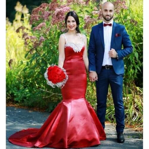 Elegant Satin Mermaid Red Dress Beaded Crystal Vestido De Novia Sirena Bling Gowns for Wedding Party