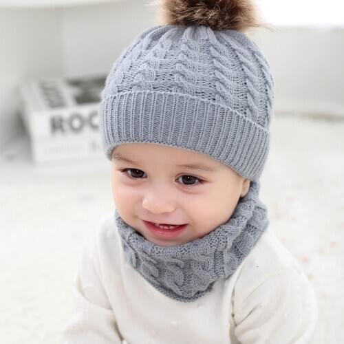 2020 Winter Fur Ball Knitted Hat Scarf 2pcs Set Christmas Xmas Gifts Baby Solid Sweater Beanie Warm Windproof Caps For Baby