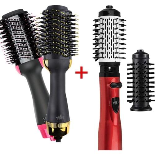 2 in 1 Hair Curling Wand Brush Tourmaline Ceramic + One Step Hair Dryer Hot Air Brush Curler Straightener Iron Roll Styling Tool