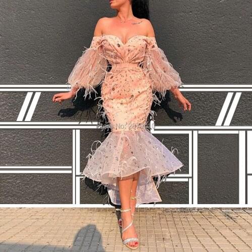 2020 Brilliant Sweetheart Mermaid Evening Dress Off The Shoulder Sequins Feather Mid-Calf Prom Dress Middle East Arabia Formal