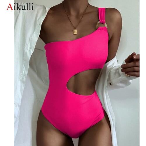 2021 Sexy One Shoulder One Piece Swimsuit Womens Solid Hollow Out Swimwear Summer Female Monokini Bodysuit Beach Bathing Suit