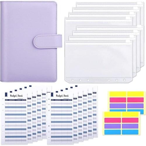 A6 PU Leather Budget Binder A6 Binder Pockets,Expense Budget Sheets,6 Ring Binder Budget Envelopes System with Sticker