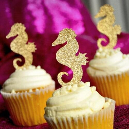 Custom Personalize glitter Seahorse Cupcake Toppers Under the Sea baby shower Party Decorations milestones birthday