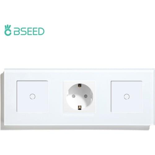 BSEED EU Standard 1Gang 2Way Wall Touch Sensor Switch With EU Wall Socket Black White Golden Glass Panel Led Light Switch