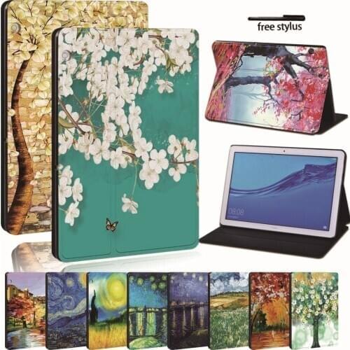For Huawei MediaPad T3 8.0 /T3 10 9.6 /T5 10/M5 Lite 10.1/M5 10 Painted Leather Tablet Stand Folio Cover Case For Honor Play Pad