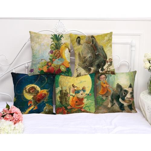 Decorative Pillow Case Vintage Cartoon Kids And Animal Pillowcase 17.5 Inches Cotton Linen Chair Seat Throw Pillow Cover C1061