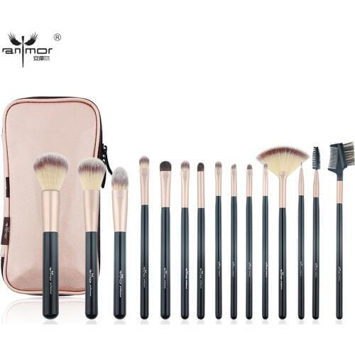 Anmor 15PCS Professional Makeup Brushes Set Kit Travel Make Up brush Portable Foundation Eyebrow Eyeshadow Powder Cosmetic Bag