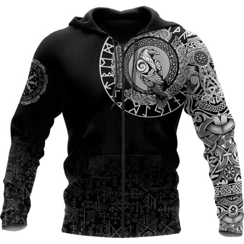 Fashion Mens Zipper Hoodies Viking Raven Tattoo 3D Full Printed Sweatshirts Unisex Casual Harajuku Hoodies DLL37