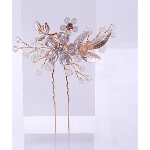 Opal Crystal U Shape Hair Clip Bridal Hair Accessory Gold Leaf Flower Hairpins Vintage Wedding Headpiece Jewelry
