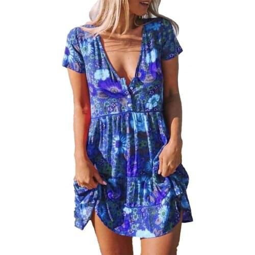 Loose Boho Short Dress for Women V-neck Floral Printed Skin-friendly Short Buttons Casual Patchwork Beach Dress Ladies Vestidos