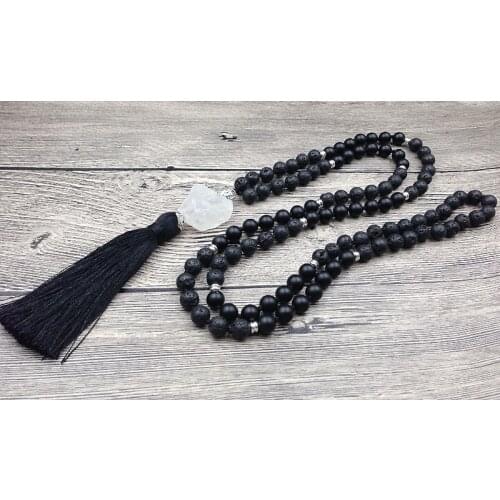 YA2498 Chakra Mala Lava Stone 108 Prayer Beads 8mm Beads Clear Quartz Nugget Tassel Knot Beads Handmade Necklaces