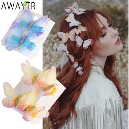 AWAYTR 2PCS Butterfly Hair Clips Women Hairpins DIY Fashion Headpiece Barrette Wedding Hairgrips Girl Headband Hair Accessories