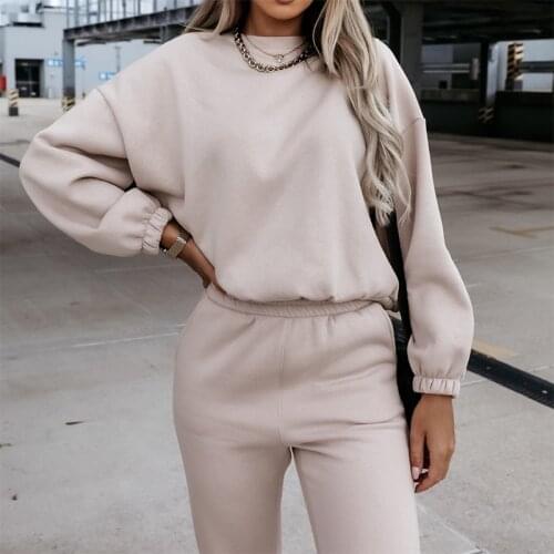 Women Solid Cotton Two Pieces Sets 2021 Casual Fleece Tracksuits Long-sleeved Pullover Loose Sweatshirt And Straight Pants Suits