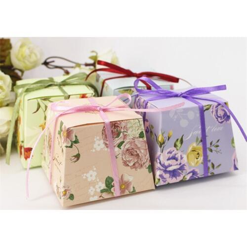 20pcs/lot Colorful Flower Sweet Love Wedding Candy Box With Ribbon DIY Beautiful Engagement Party Favor Floral Tray Gift Box