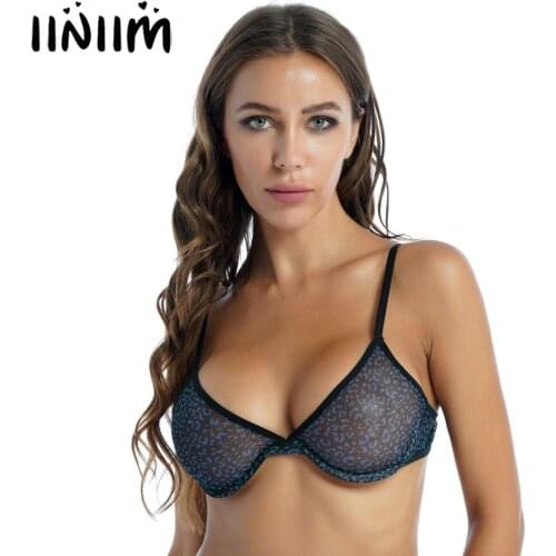 Sexy Lingerie for Women Leopard Print See-through Mesh Unlined Underwire Bra Brassiere Adjustable Shoulder Straps Bikini Tops
