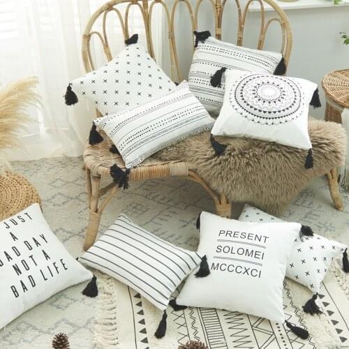 Black White Cotton Canvas Tassels Cushion Cover Geometric Decoration Pillow Cover Sofa Pillowcase Pillow Sham 30x50cm/45x45cm