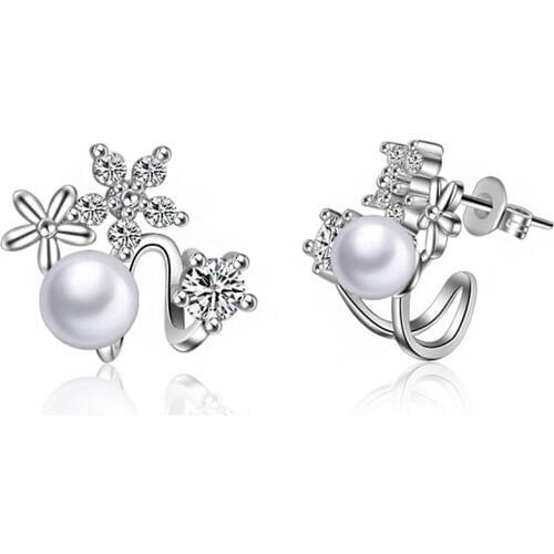 Flower Zirconia Crystal Pearl Clip Earrings with Pierced Ear Cuff Clip Earrings Jewelry Accessories Gift for Women Girls