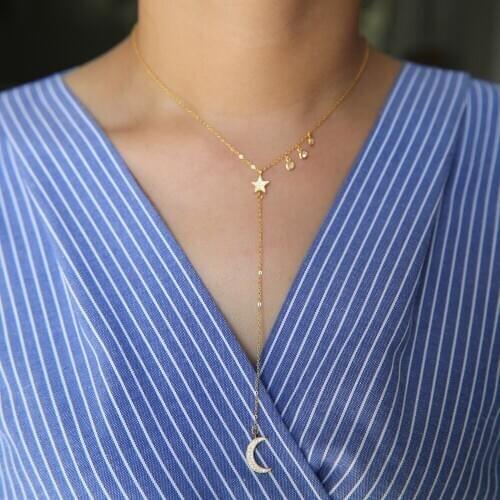 Moon star Sexy Modern Y Shape Long 925 sterling silver Necklace Pave CZ drop charm pendant Chain Necklace Women Boho Jewelry