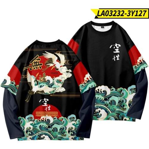 Men Long Sleeve Black Crane Print T-shirts Spring Autumn Fake Two Pieces Leisure Loose Hip Hop Tshirts