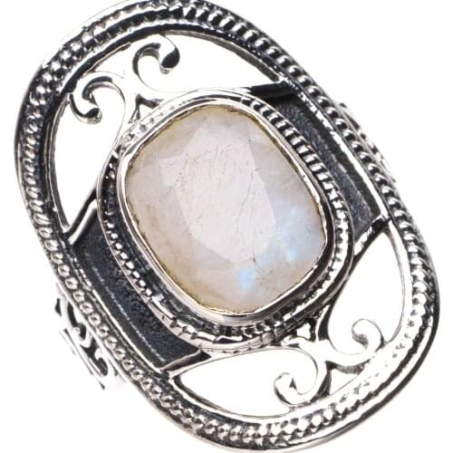 StarGems Natural Rainbow Moonstone Handmade 925 Sterling Silver Ring 6.25 E3250
