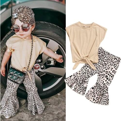 ZAFILLE Kids Clothes Leopard Girl Sets Knotted Top+Flare Trousers 3pcs Childrens Suit Summer Toddler Girls Clothihng Set