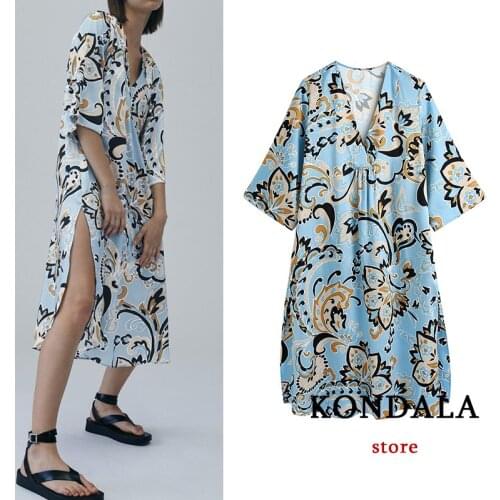 KONDALA Za 2021 Chic Blue Floral Vintage Women Dress V Neck Short Puff Sleeve Loose Side Split Midi Dress Elegant Mujer Vestido