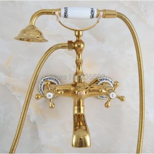 Gold Color Brass Wall Mounted Swive Spout Tub Mixer Tap with Handshower Handheld Bath Shower Mixer Water Set lna849