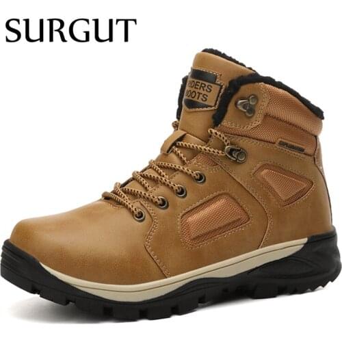 SURGUT Leather Winter Men Boots Waterproof Super Warm Fur Snow Boots Men Winter Work Casual Shoes Military Combat Ankle Boots