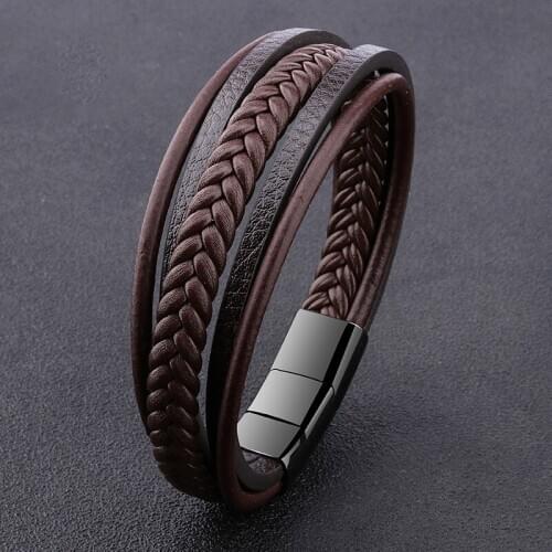 New 2020 Fashion Stainless Steel Charm Magnetic Black Men Bracelet Leather Genuine Braided Punk Rock Bangles Jewelry