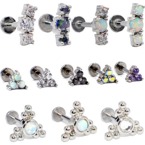 1PC G23 Titanium&Steel Opal Gem Cluster Ear Tragus Helix Cartilage Earring Stud Labret Bar Lip Ring Body Piercing Jewelry 16g