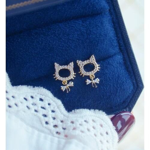 2021 New Arrival Delicate Jewelry 14K Real Gold Plated Cute Cat Stud Earrings Cubic Zircon Bowknot Earrings