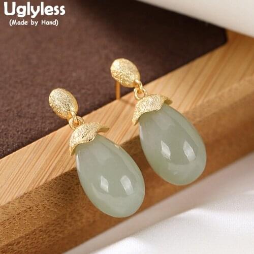 Uglyless Natural Green Jade Grapes Earrings for Women Gemstones Fruits 925 Silver Jewelry Gold Brincos Fashion Dress Earrings