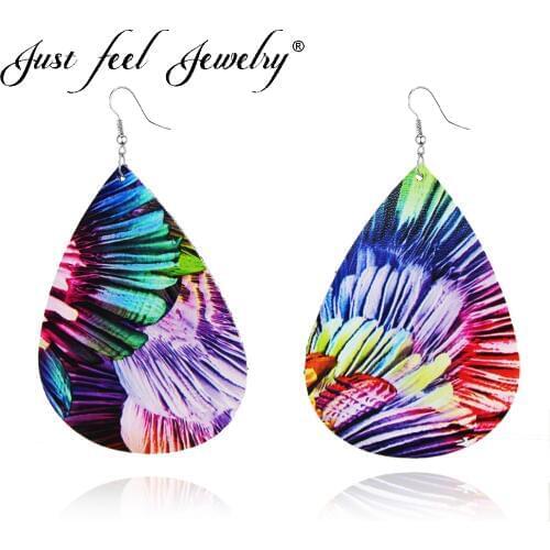 JUST FEEL New Arrival Tribal PU Leather Feather Teardrop Boho Earrings Looking Various Ethnic Colorful Water Drop Dangle Earring
