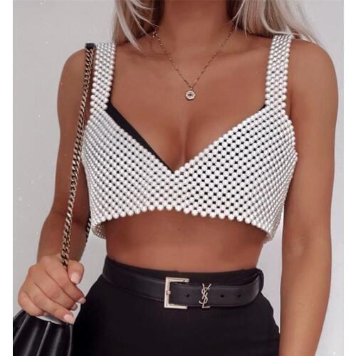 Yimunancy High Street Deep V Neck Pearl Vest Women Fashion Crop Top Ladies White Sleeveless Sexy Club Tank Top Blusas