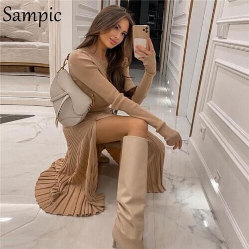 Sampic Khaki 2020 Two Piece Set Women Knitted Long Sleeve Pullover Sweater Tops And Midi Split Bodycon Pleated Skirt Set Outfits