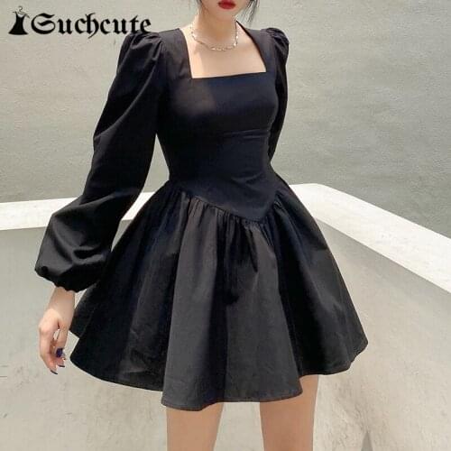 SUCHCUTE Goth Women Pleated Mini Dress Long Puff Sleeve Square Collar Chic Elegant Chic Vintage Dresses Female Evening Clubwear