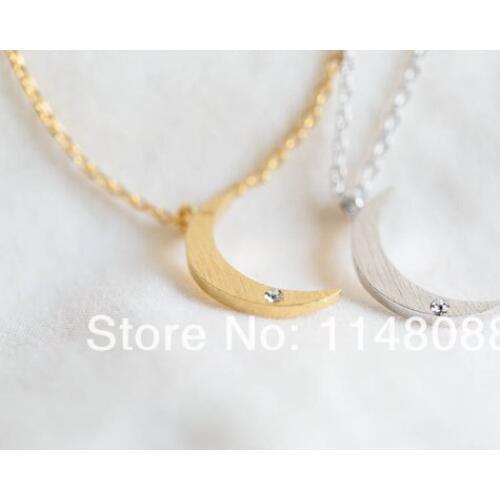 Gold silver Simple Unique Design Crystal Shining crescent half moon pendant necklace jewelry