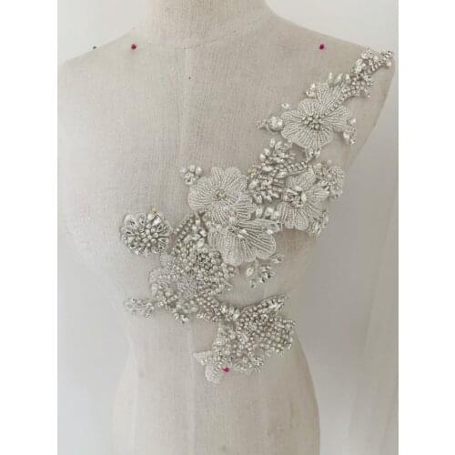 1 Pair Silver Rhinestone Applique,Heavy Bead Crafted Rhinestone Applique For Bridal For Couture, Dance Costume